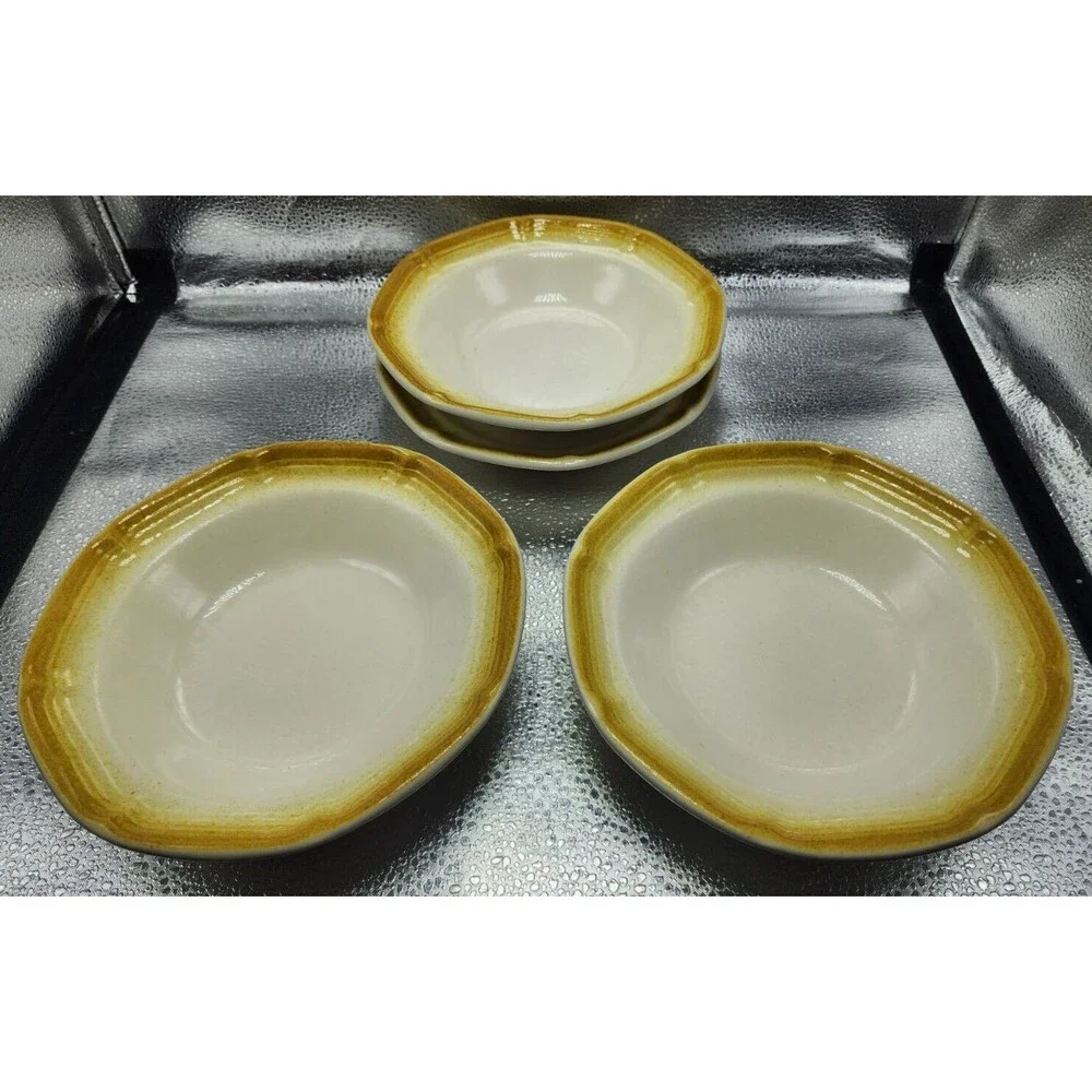 MADE IN THE USA Soup/Cereal/Salad Bowls Scalloped Yellow Rim (3 bowls & 1 plate)